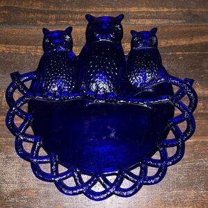 Westmoreland Cobalt Blue Glass Decorative Collector Plate w/ 3 Owls Design